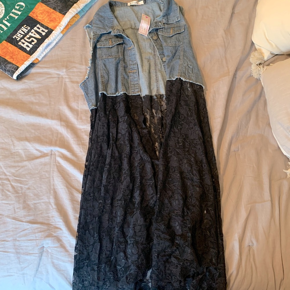 Origami Plus Size Long Denim and Lace Vest